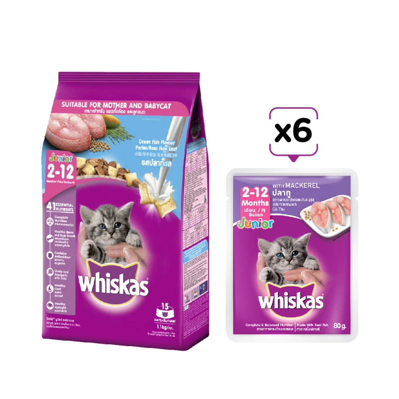 Bộ thức ăn cho mèo con dạng hạt Whiskas vị cá biển 1.1kg + 6 túi pate cho mèo con Whiskas vị cá ngừ 80g/túi