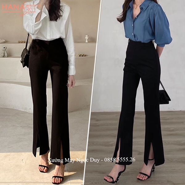 Quần ống loe xẻ gấu trước cạp cao tôn dáng màu đen - Quần tây ống loe lưng cao xẻ tà ống vẩy cá đính điệu công sở