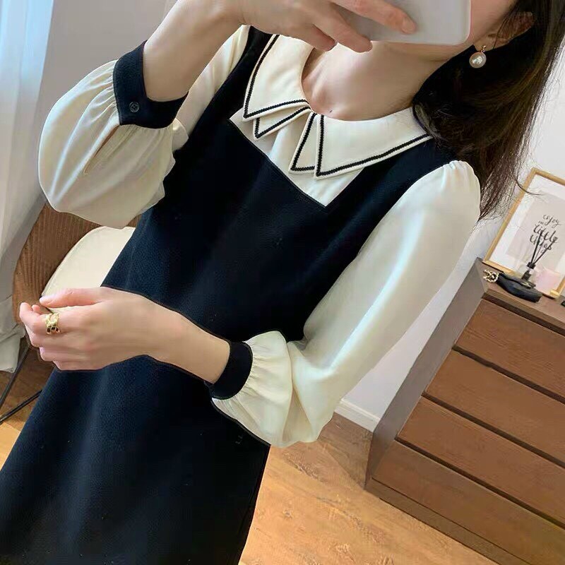 Đầm kate xòe tay dài cổ sơ mi hai màu xinh xắn