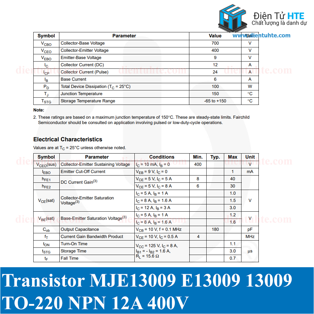 Combo 2 Transistor công suất  JE13009 E13009 13009 400V 12A TO-220
