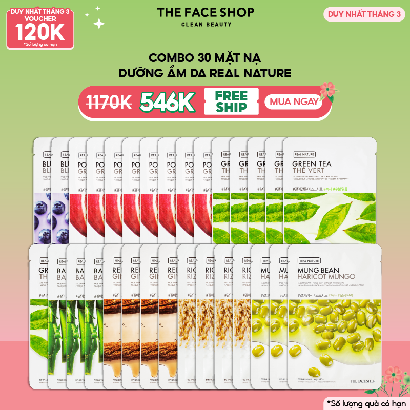 Combo 30 Mặt Nạ Real Nature THE FACE SHOP (mix nhiều loại) 20G