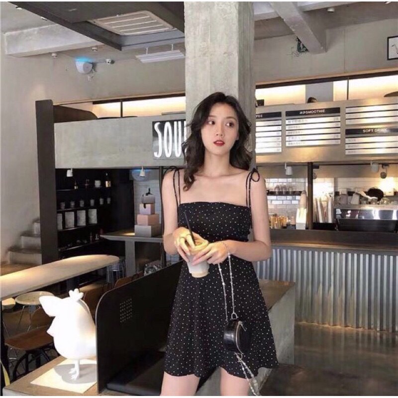 {ẢNH THẬT} Đầm chấm bi 2 dây cột nơ siêu xinh