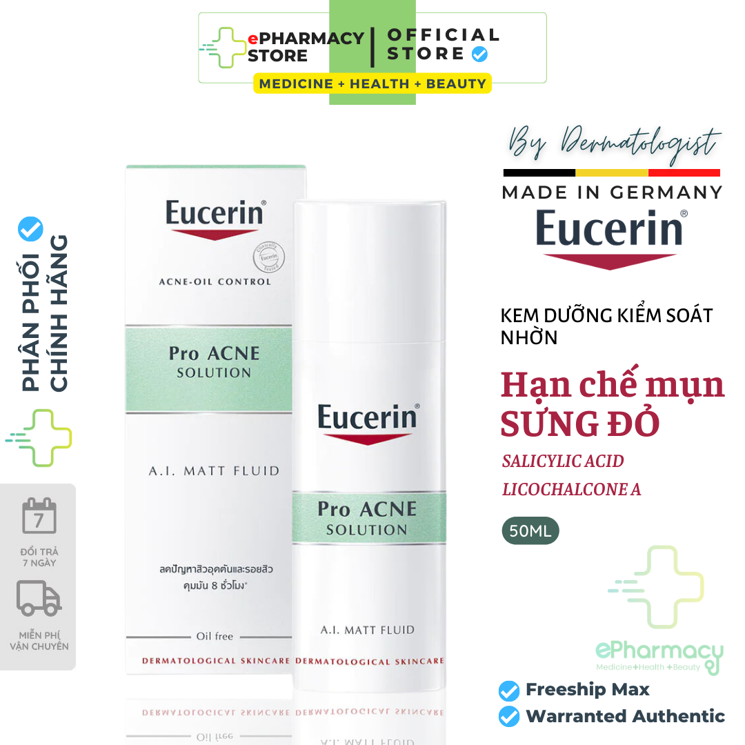 Kem dưỡng ẩm Eucerin cho da dầu ngừa mụn - Eucerin ProAcne A.I Matt Fluid 50ml