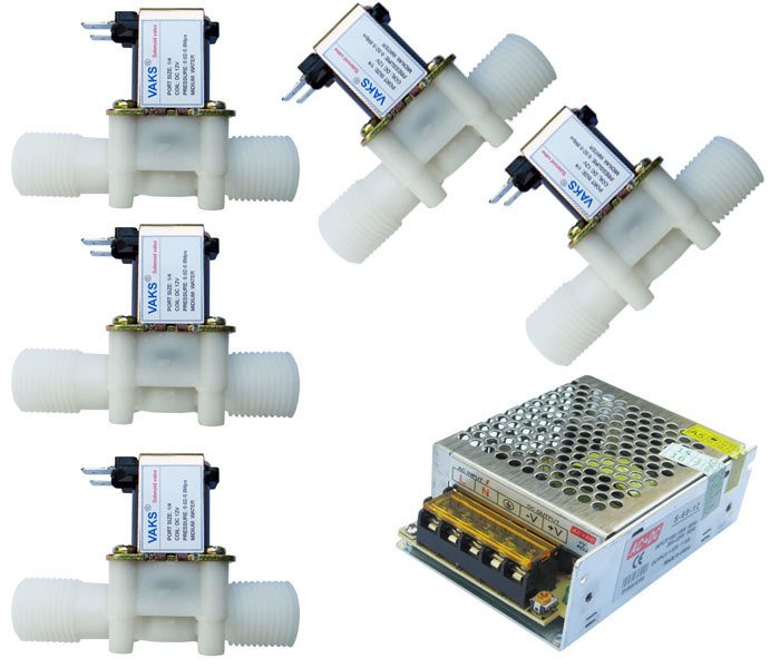Bộ 5 cái van điện từ phi 21 dùng điện 12v dc kèm nguồn 12v, 5a tổ ong