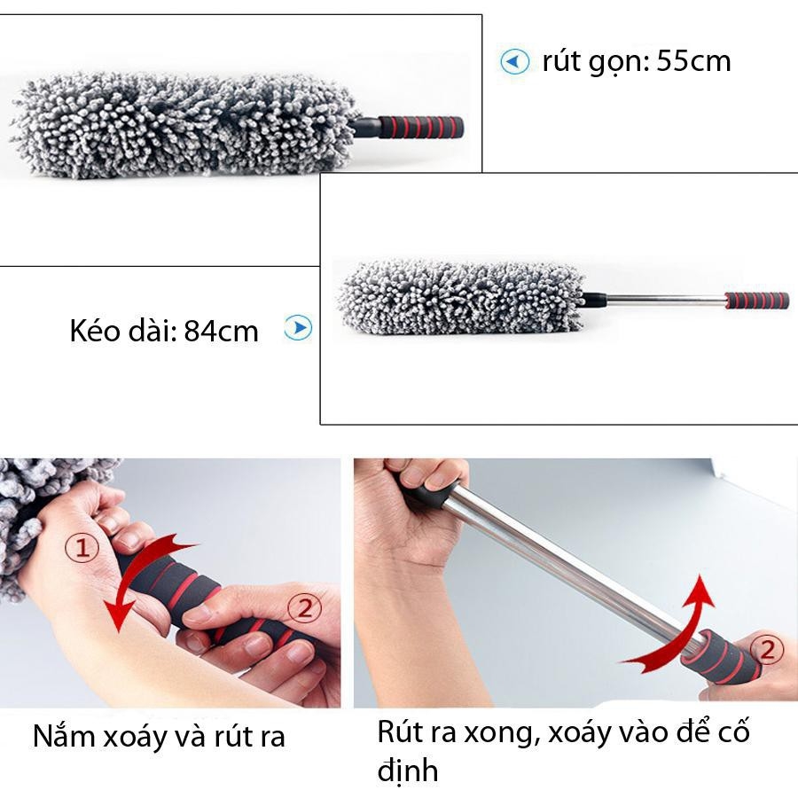 Cây chổi tròn lau bụi bằng sợi dầu, cán dài kim loại rửa xe, dọn nội thất cho xe hơi, xe ô tô, xe tải