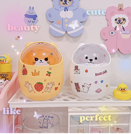 Thùng rác mini có nắp đậy để bàn hình gấu mèo cute sọt đựng rác thông minh dễ thương văn phòng phẩm