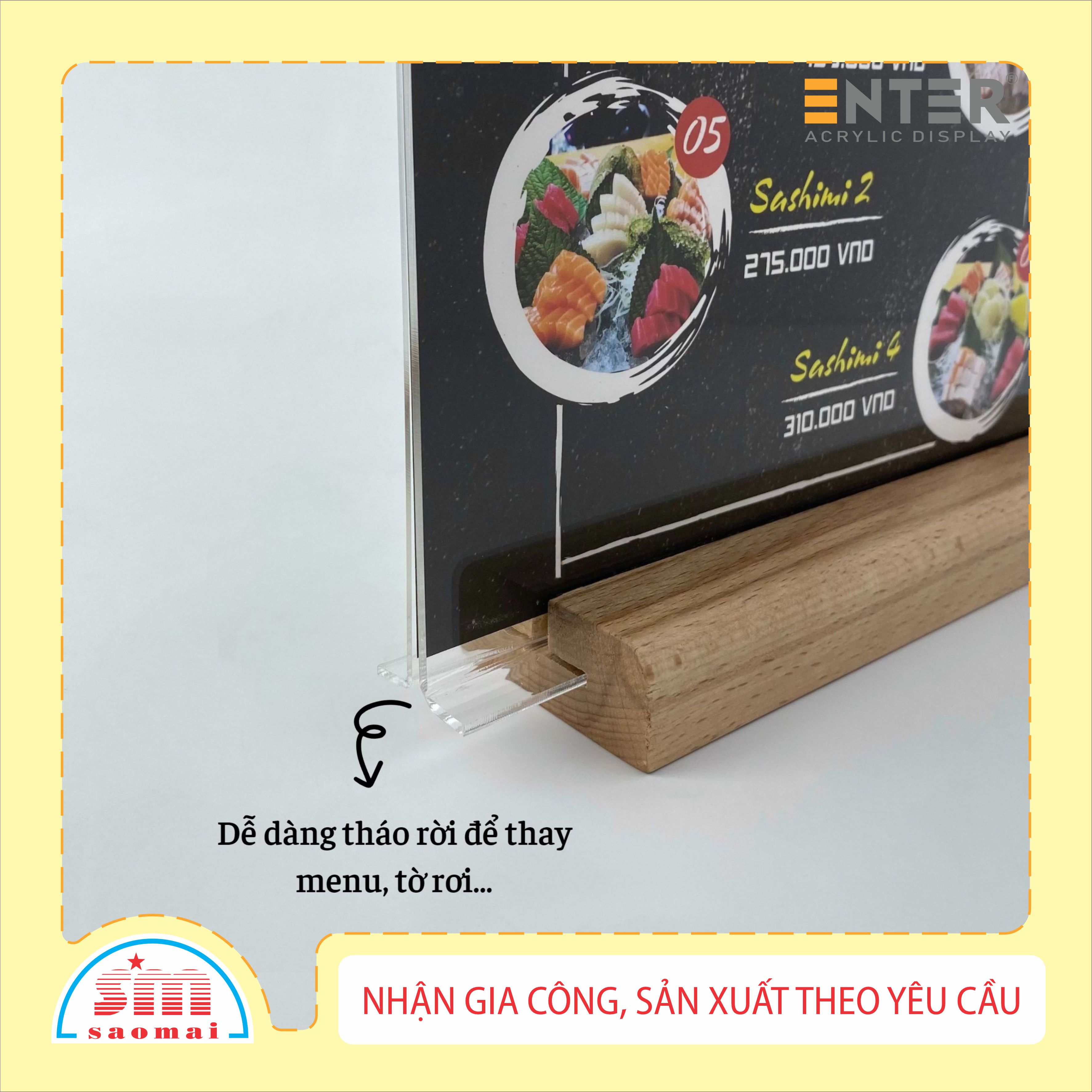 Kệ mica 2 mặt Enter E42 150x210mm đế gỗ A5 đứng, Kệ menu nhà hàng, Standee mica để bàn, Bảng quét mã QR Code