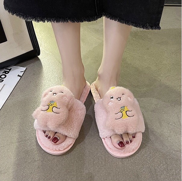 Dép lông đi trong nhà quai ngang hình thú cute đế lót lông mềm mại đi cực