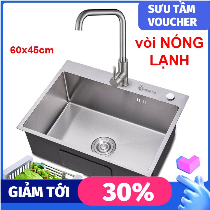 [HOÀN TIỀN]chậu rửa chén đúc liền khối inox 304 1 ngăn lớn 6045 cm + Bộ xả chống hôi+ vòi rửa chén NÓNG LẠNH STN-402 và khay đa năng inox