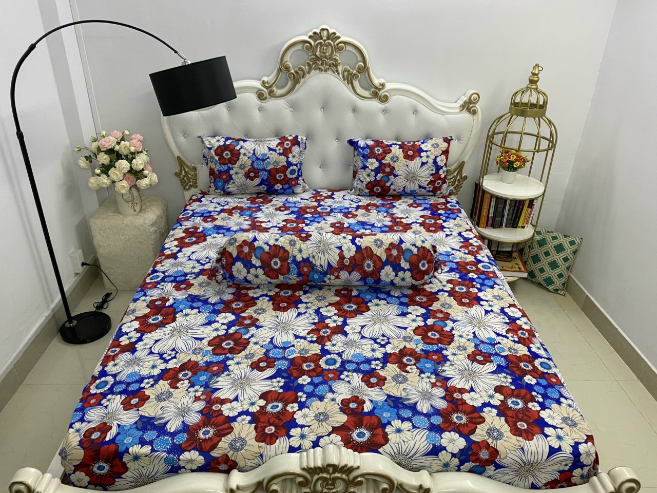 Bộ drap thun Hàn hoa mẫu đơn (1 ga, 2 áo nằm, 1 áo ôm)