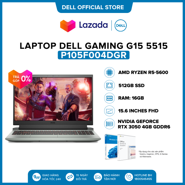 Laptop Dell Gaming G15 5515 15.6 inches FHD (AMD Ryzen R5-5600H / 16GB / 512GB SSD / NVIDIA GeForce RTX 3050 4GB GDDR6 / Office Home & Student 2021 / Windows 11) l Grey l P105F004DGR