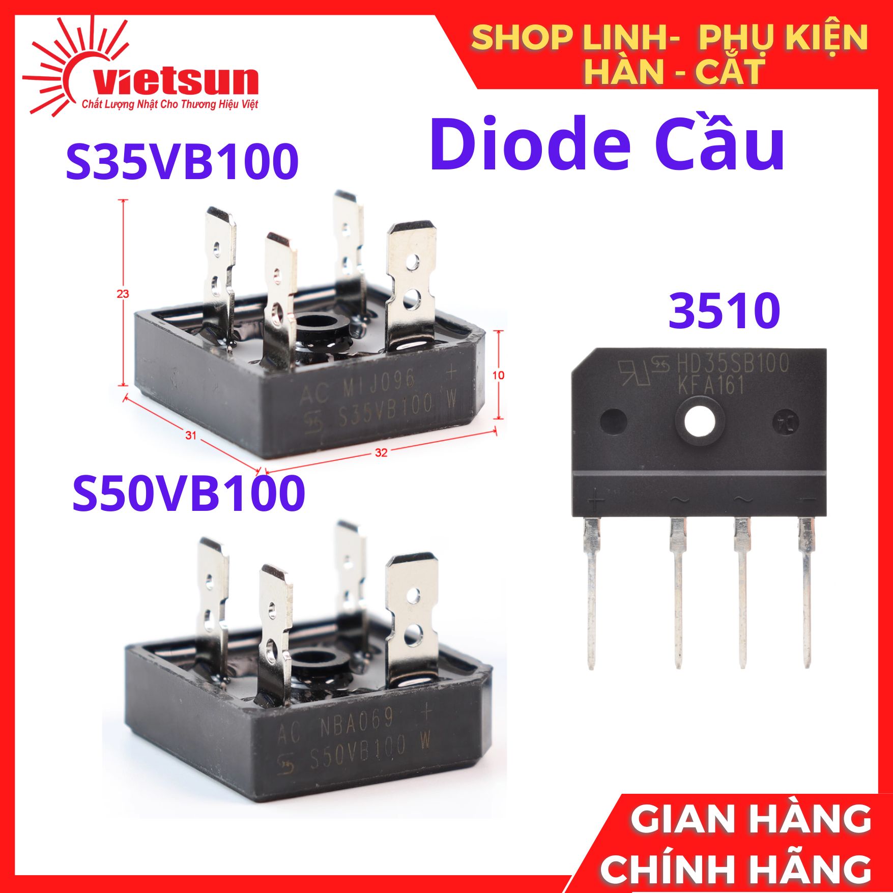 diode cầu, diode chỉnh lưu 35a, 50a, 35vb100, 50vb100