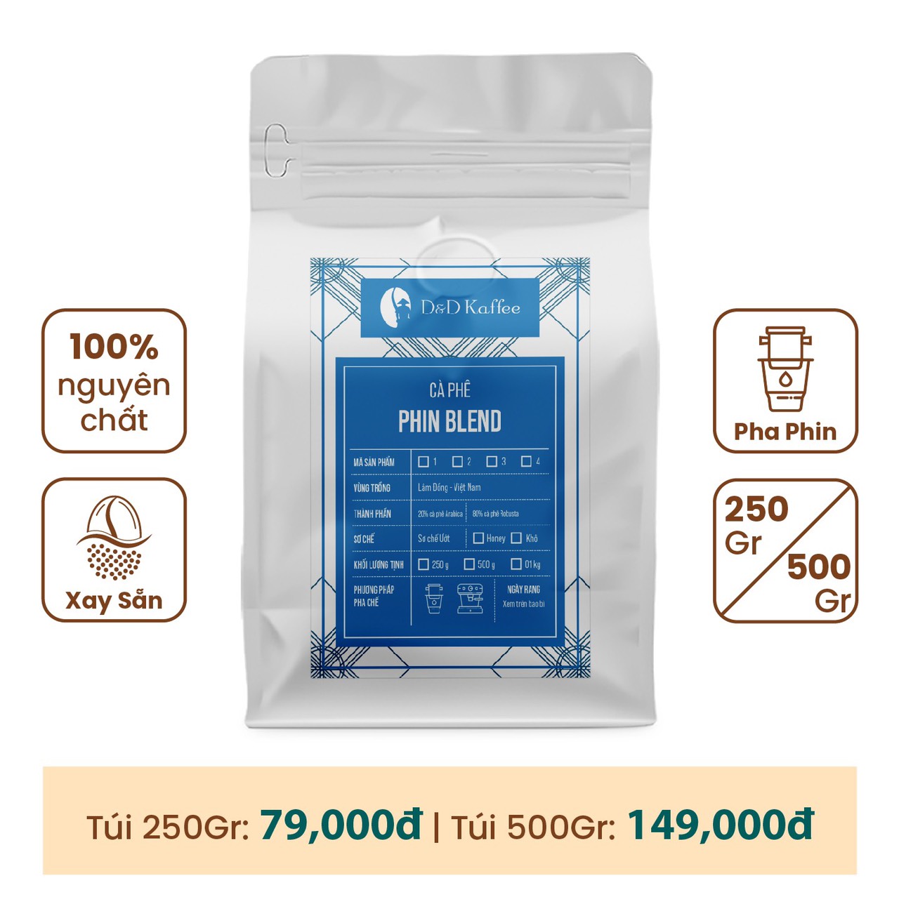 Cafe rang mộc xay sẵn pha phin D&D Kaffee Túi 500gr