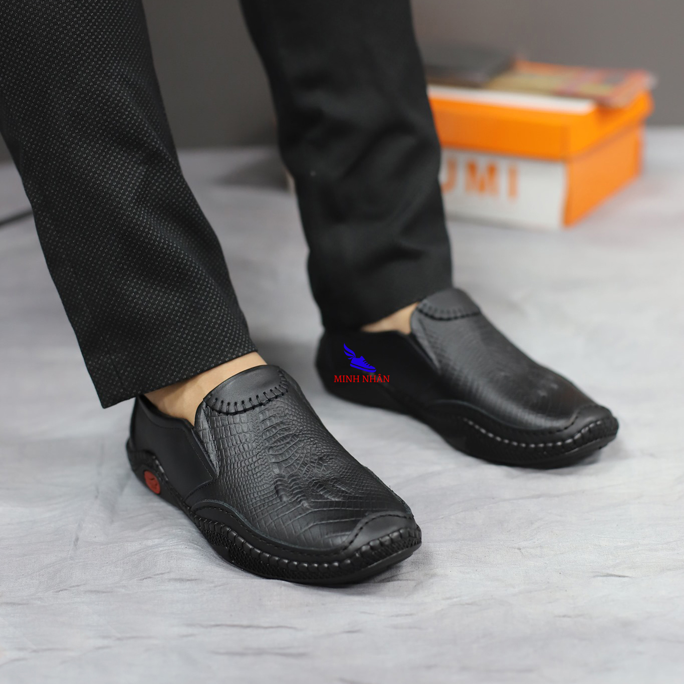 Giày lười nam da bò in vân cá sấu mẫu mới nhất Giày mọi nam giày slip on nam da bò cao cấp giày xỏ nam Giày vân cá sấu mẫu mới nhất S-7 màu đen