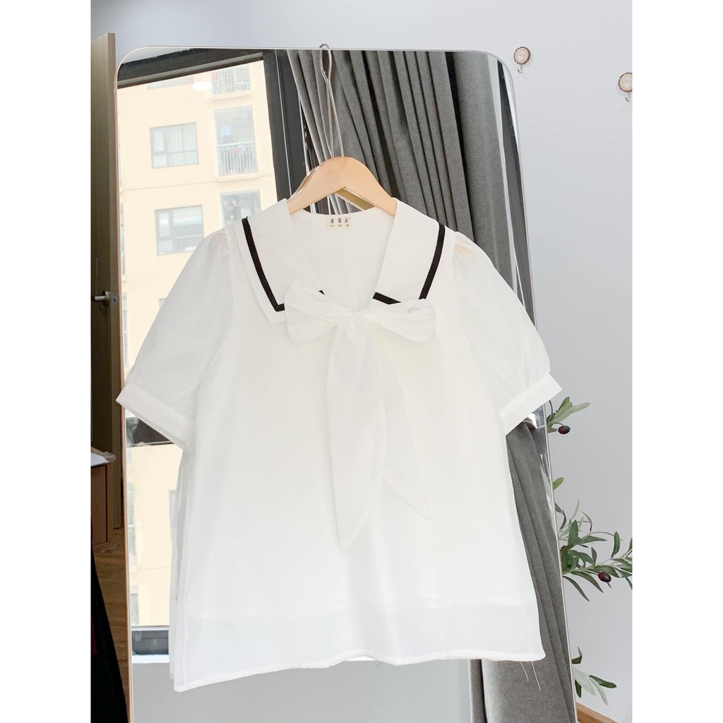 Áo sơ mi cộc tay viền cổ thắt nơ
