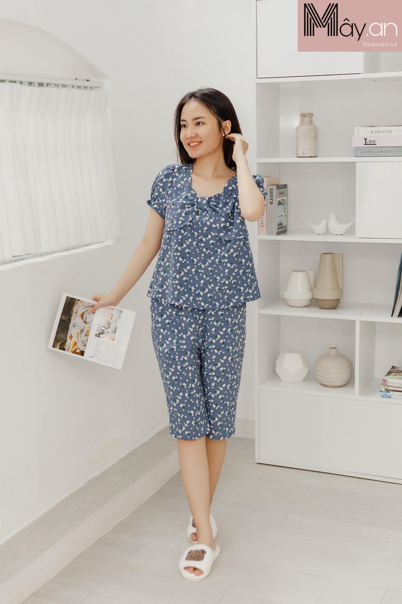 Đồ mặc nhà MÂY áo cổ nơ quần dài lụa Nhật