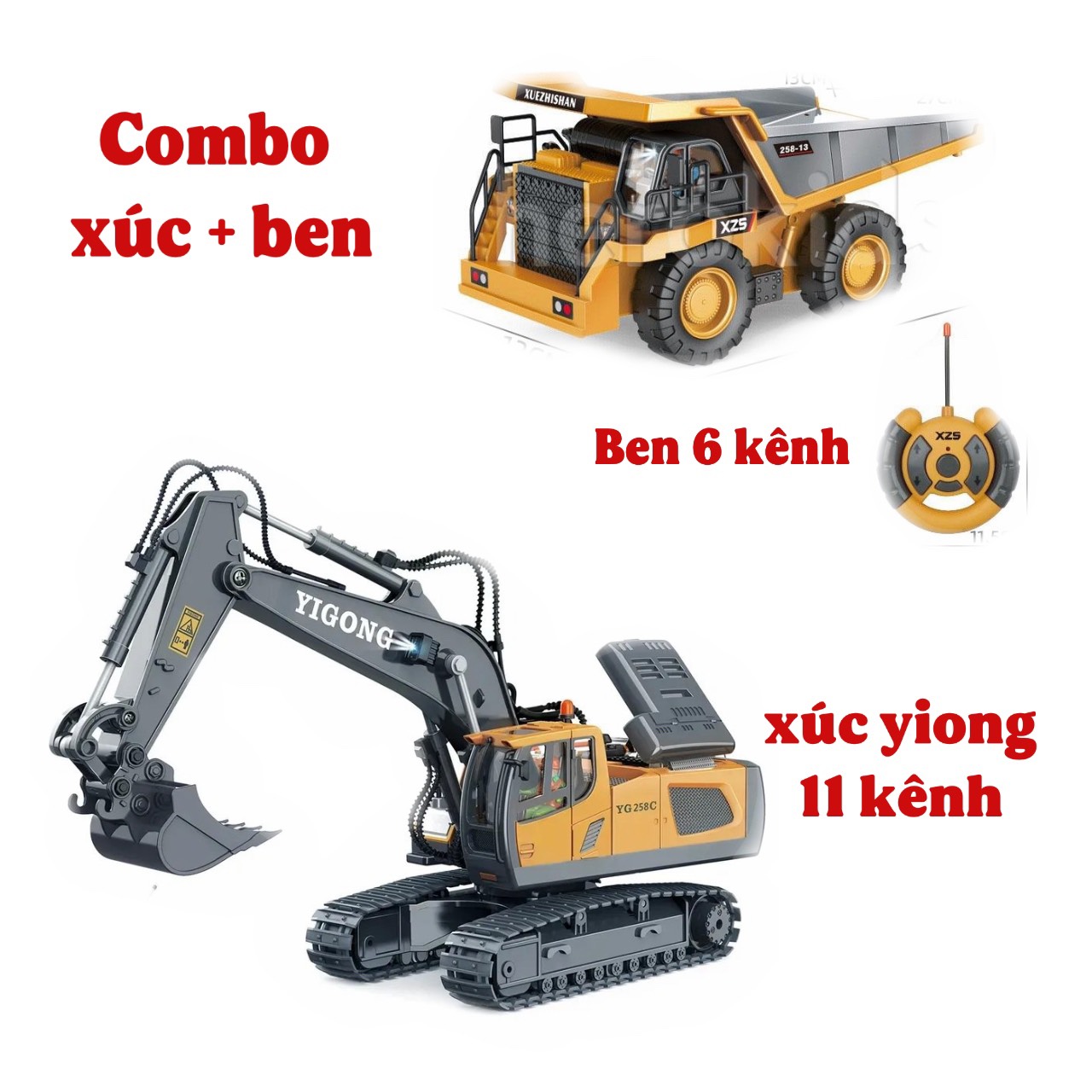 Combo xe máy xúc 11 kenh Xuezhishan - xe ben xe ủi ( phần ben , ủi , gầu xúc bằng kim loại)