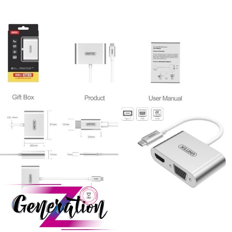 CÁP CHUYỂN TYPE-C RA HDMI + VGA UNITEK (Y-V100SL)