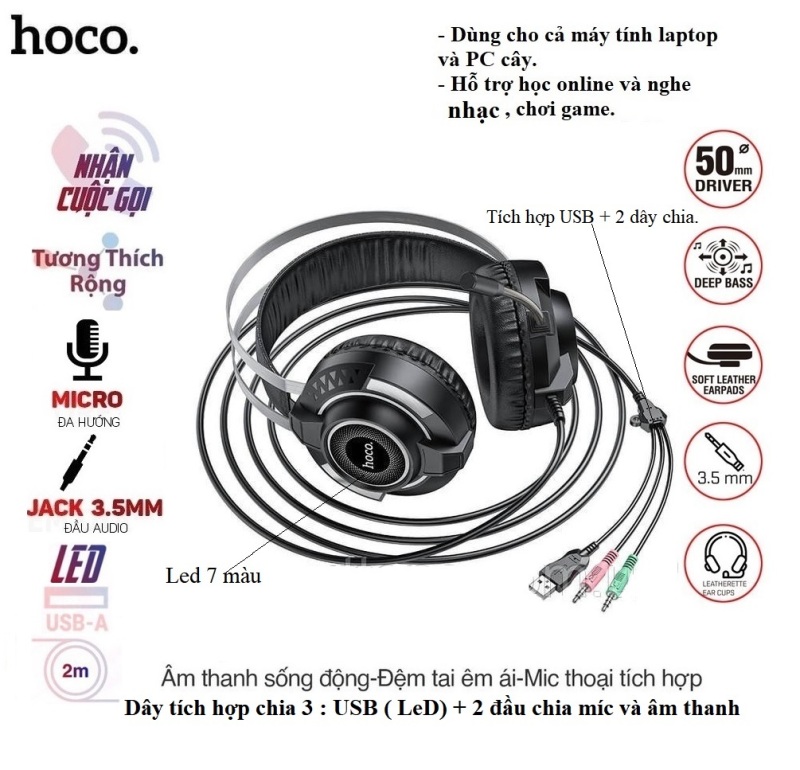 Bảng giá Tai nghe chụp tai Hoco chính hãng có míc hỗ trợ học trực tuyến và chơi game kết nối 3 cổng USB và jack chia tích hợp cả micro-phone-led (SIÊU BỀN) Phong Vũ