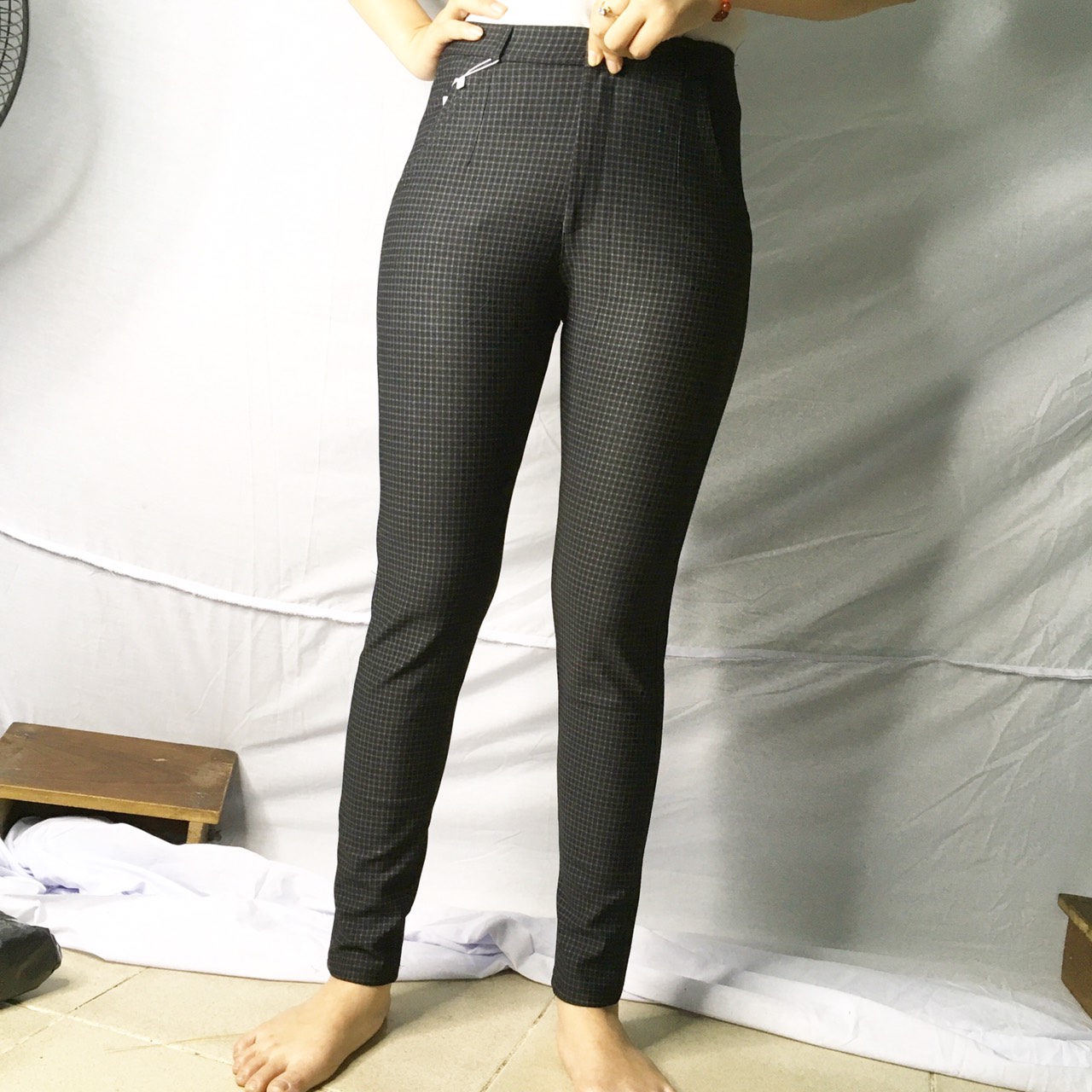 Quần cotton sọc caro dài dây kéo