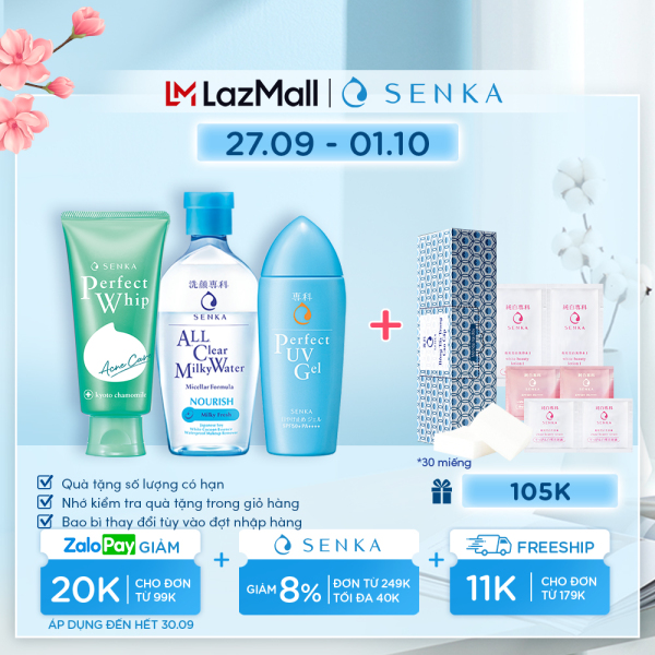 Bộ sản phẩm bảo vệ và giảm mụn Senka( chống nắng UV Gel 80ml+nước sữa tẩy trang Milky 230ml+sữa rửa mặt Acne 100g) cao cấp