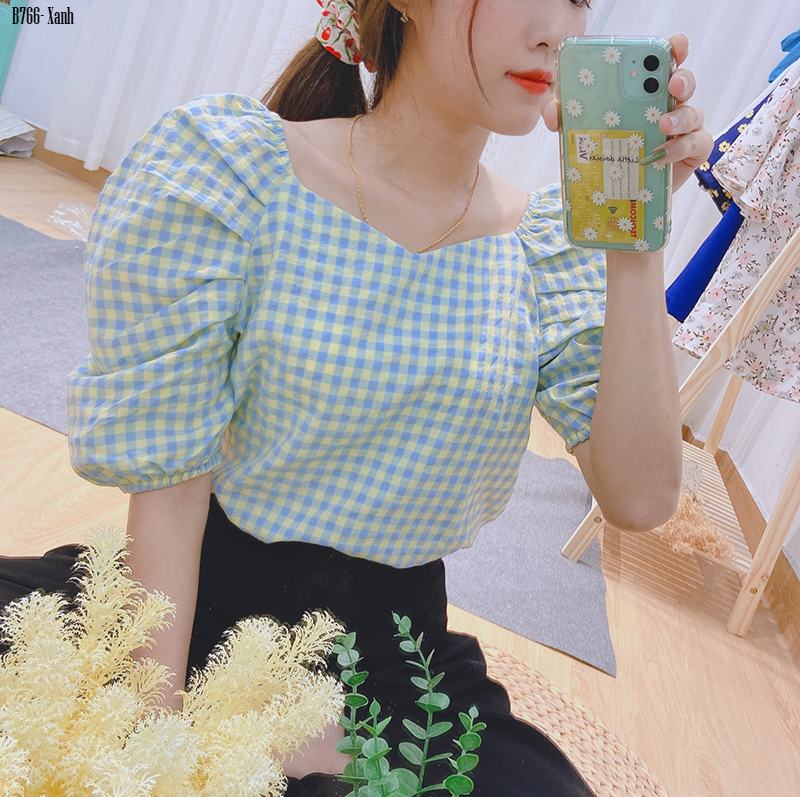 [HCM]B766- Áo caro tay xếp ly bồng