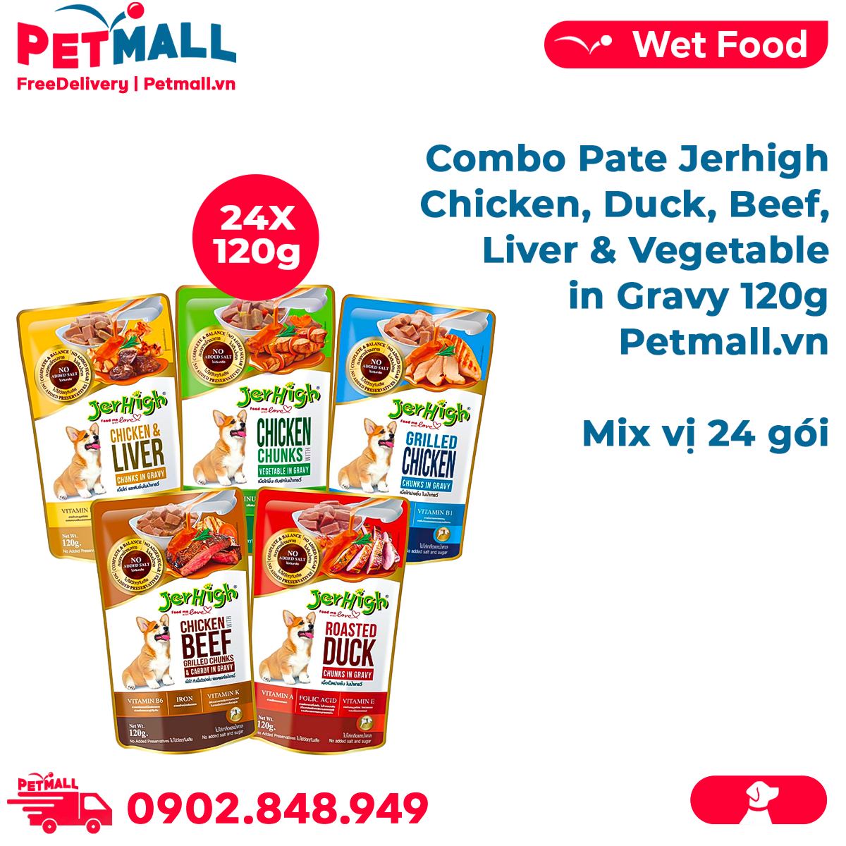 Combo Pate Jerhigh Chicken, Duck, Beef, Liver & Vegetable in Gravy 120g - mix vị 24 gói Petmall