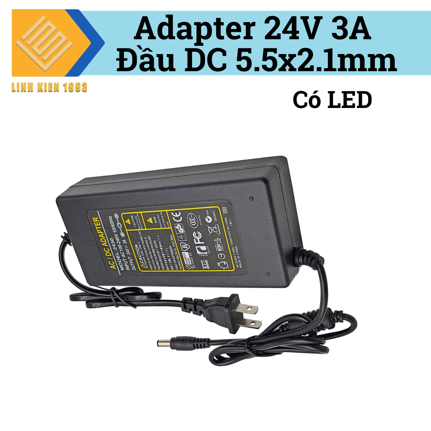 Nguồn Adapter 24V 3A Đầu DC 5.5x2.1mm Có LED