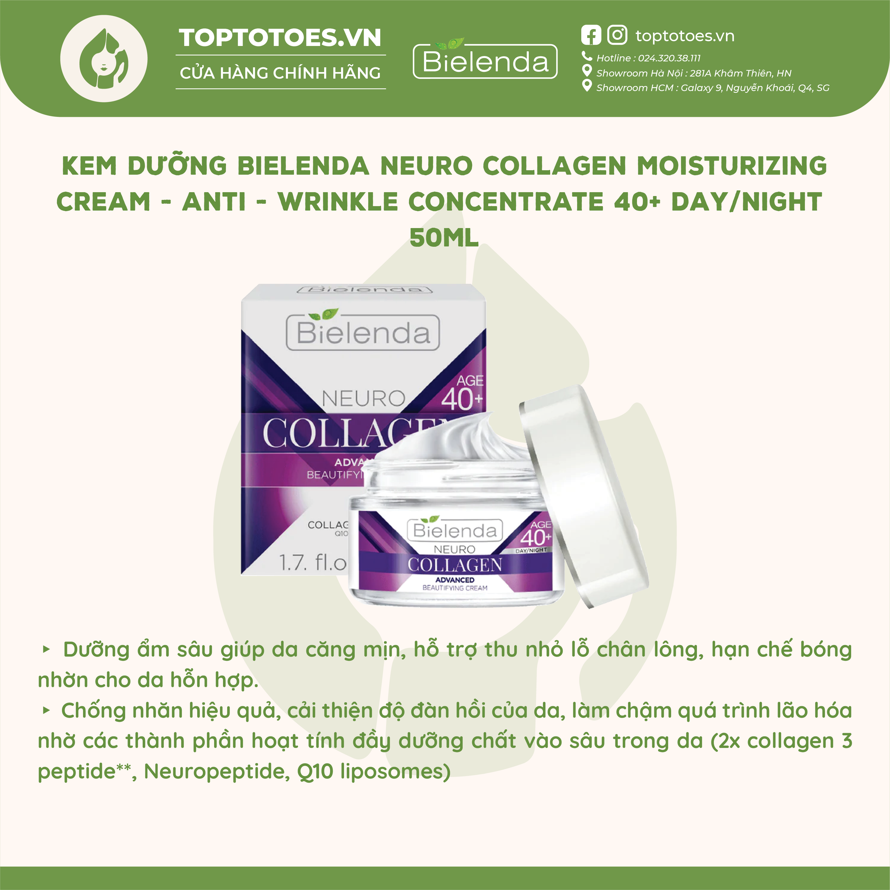 Kem dưỡng Bielenda Neuro Collagen dưỡng ẩm sâu trẻ hoá giúp da căng mịn đàn hồi