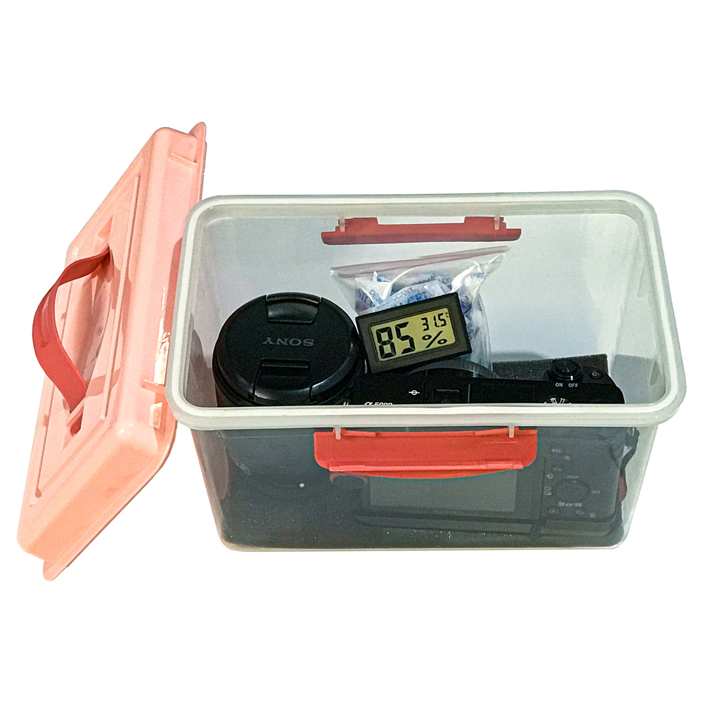 Combo hộp chống ẩm máy ảnh, flycam 3 lít (ẩm kế điện tử, 100g hạt hút ẩm xanh, tặng mút xốp)