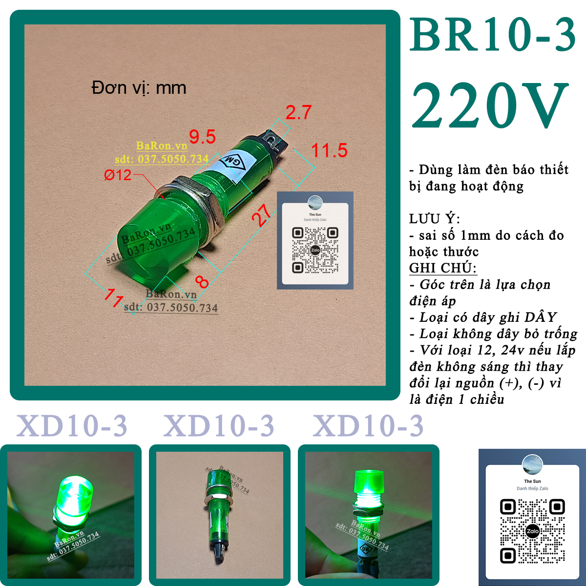 Đèn báo nguồn nhỏ XD10 phi 10mm 12v 24v 220v