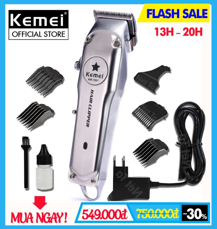 Tông đơ cắt tóc không dây chuyên nghiệp chất liệu hợp kim nhôm hàng không cao cấp Kemei KM-1997 có thể cắm điện sử dụng trực tiếp pin lithium 2000mAh chất lượng - hãng phân phối chính thức nhập khẩu