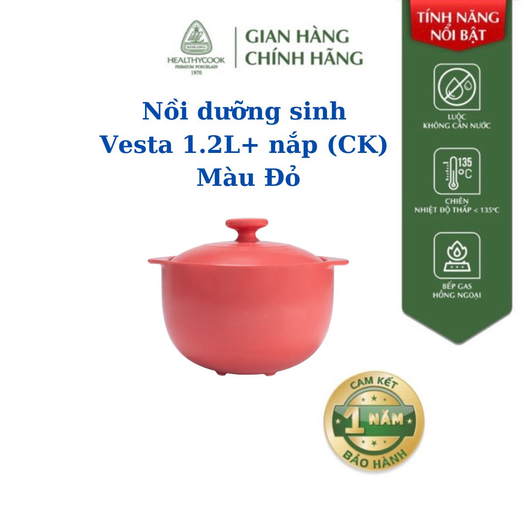 Porcelain pot nourishing Intelligent Long Vesta_Màu đỏ _ , used for gas stove, pink kitchen ngoại_Healthy Cook