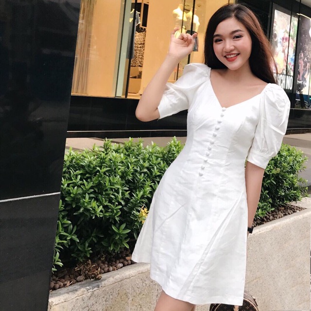 ĐẦM TRẮNG TAY PHỒNG NÚT BỌC (có ảnh thật) MS94