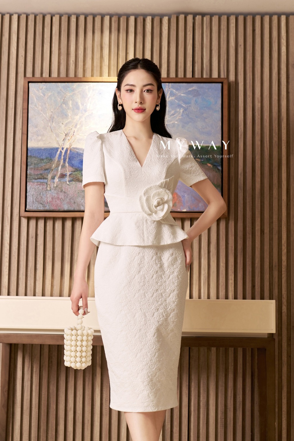 Đầm nữ công sở my way dáng bút chì đính hoa trước eo sang trọng 3md0355