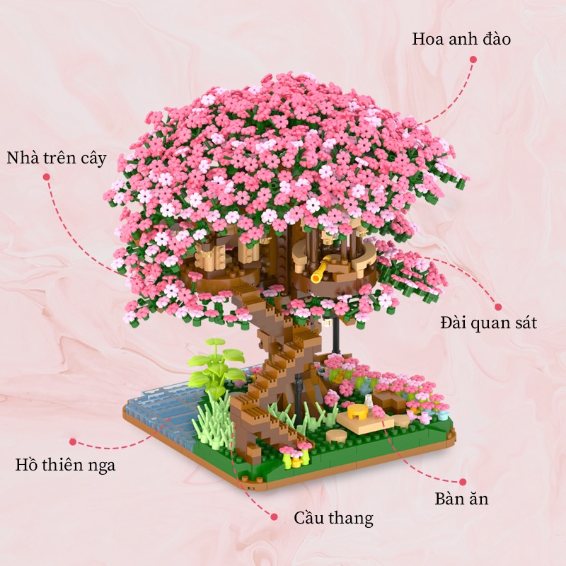 Đồ chơi lắp ráp mô hình nhà cây hoa anh đào mini DIY cho trẻ em  Gồm Khối Sakura