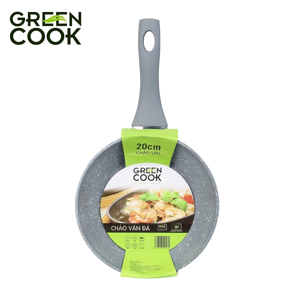 Chảo chống dính bếp từ vân đá green cook 22 - 24 - 26 - 28 - 30 cm tay cầm chịu nhiệt - hàng chính hãng