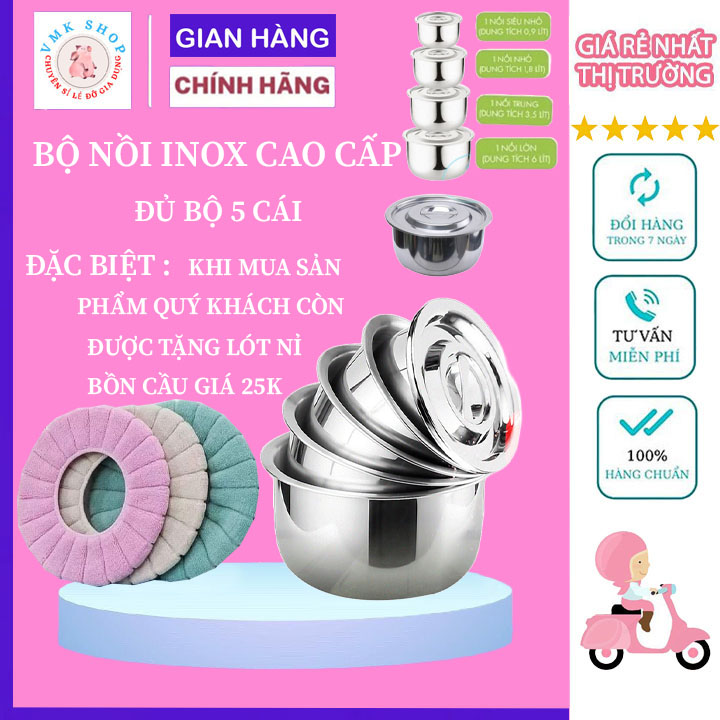 nồi,bộ nồi inox 5 cái,bộ nồi,nồi inox, Cao Cấp Có Nắp Đậy Thiết Kế Tinh Tế, Sang Trọng, Dùng Được Cho Cả Bếp Từ, Nhiều Kích Cỡ Vô Cùng Tiện Dụng