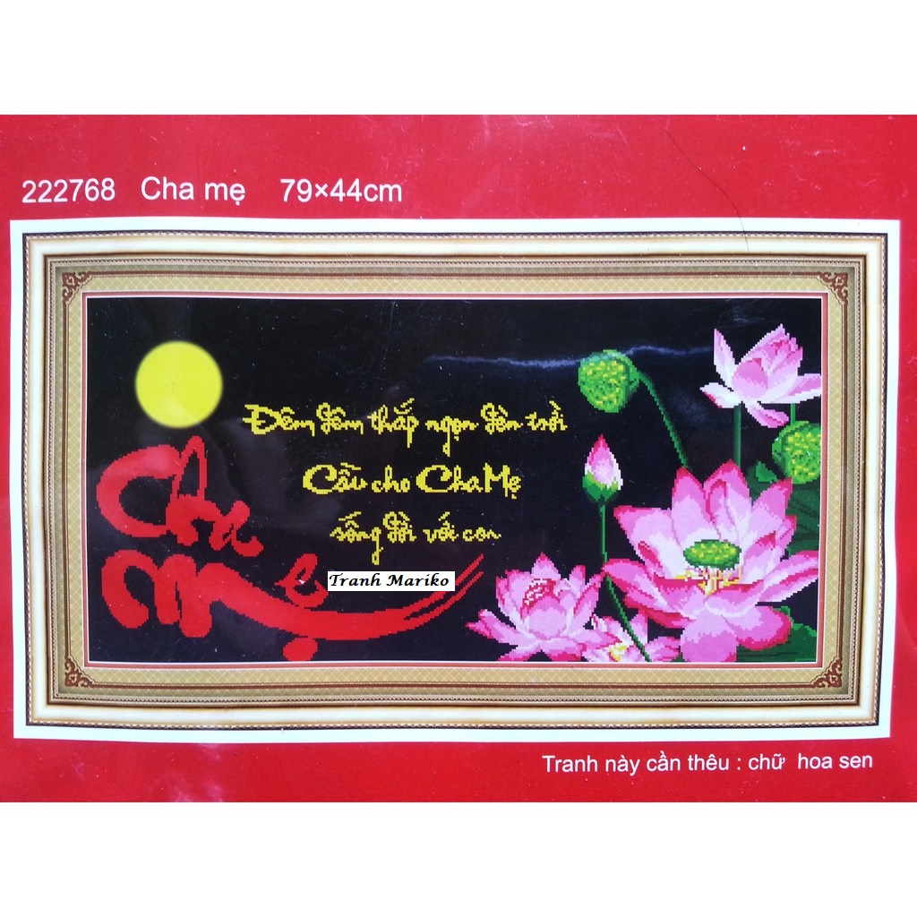 Tranh thêu Cha Mẹ- Đêm đêm khắp ngọn đèn trời- Cầu cho cha mẹ sống đời với con 222768 kích thước 79 x 44cm Tranh Mariko