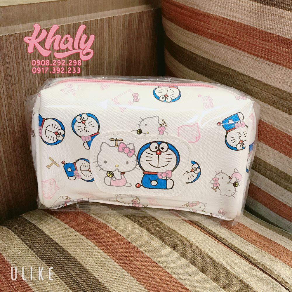 Hộp bút, bóp viết, túi đựng dụng cụ trang điểm, mỹ phẩm 1 ngăn nhiều hình Doremon và Mèo Kitty màu trắng viền hồng (dây kéo dài) dành cho mọi lứa tuổi - 140DO002H120