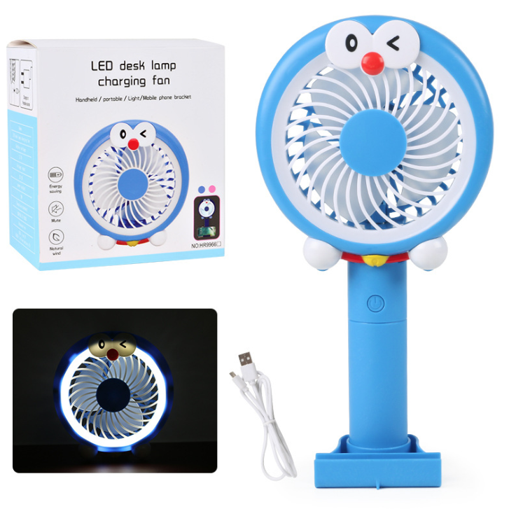 Quạt mini cầm tay có đế mẫu kitty,doremon có đèn led
