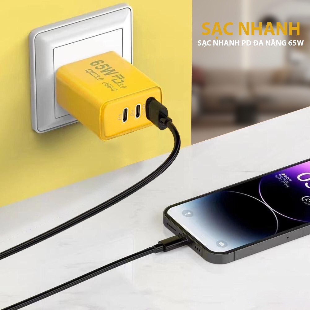 Bộ sạc 65W 3 Cổng 2 Type C 1 USB + dây sạc bọc dù 4 in 1 65W sạc cho điện thoại, máy tính bảng , sạc nhanh, an toàn