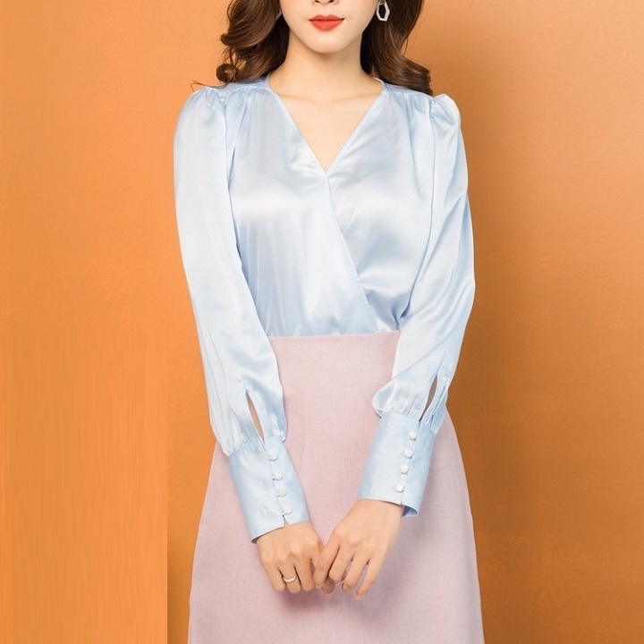 Women's 4-button long-sleeved silk satin shirt