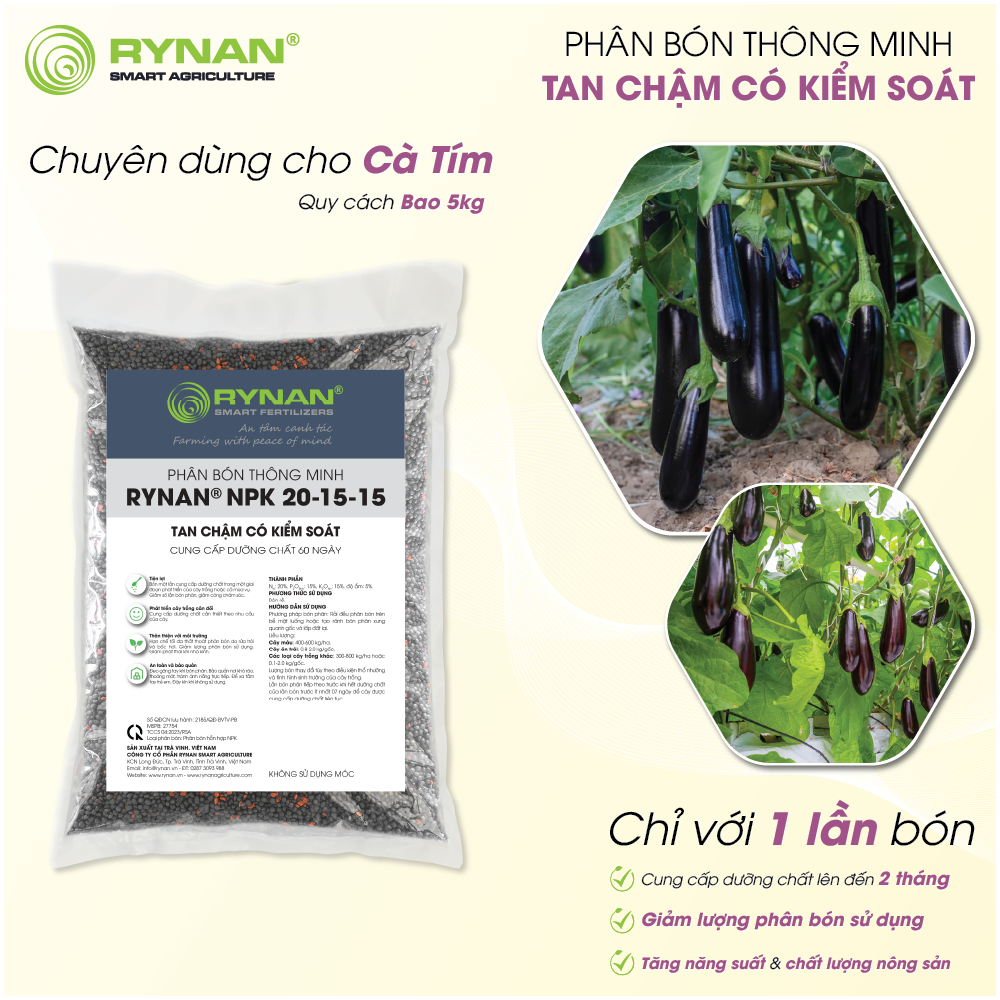 Phân Bón Tan Chậm Dùng Cho Cà Tím RYNAN® NPK 20-15-15 (BAO 5kg/20kg)