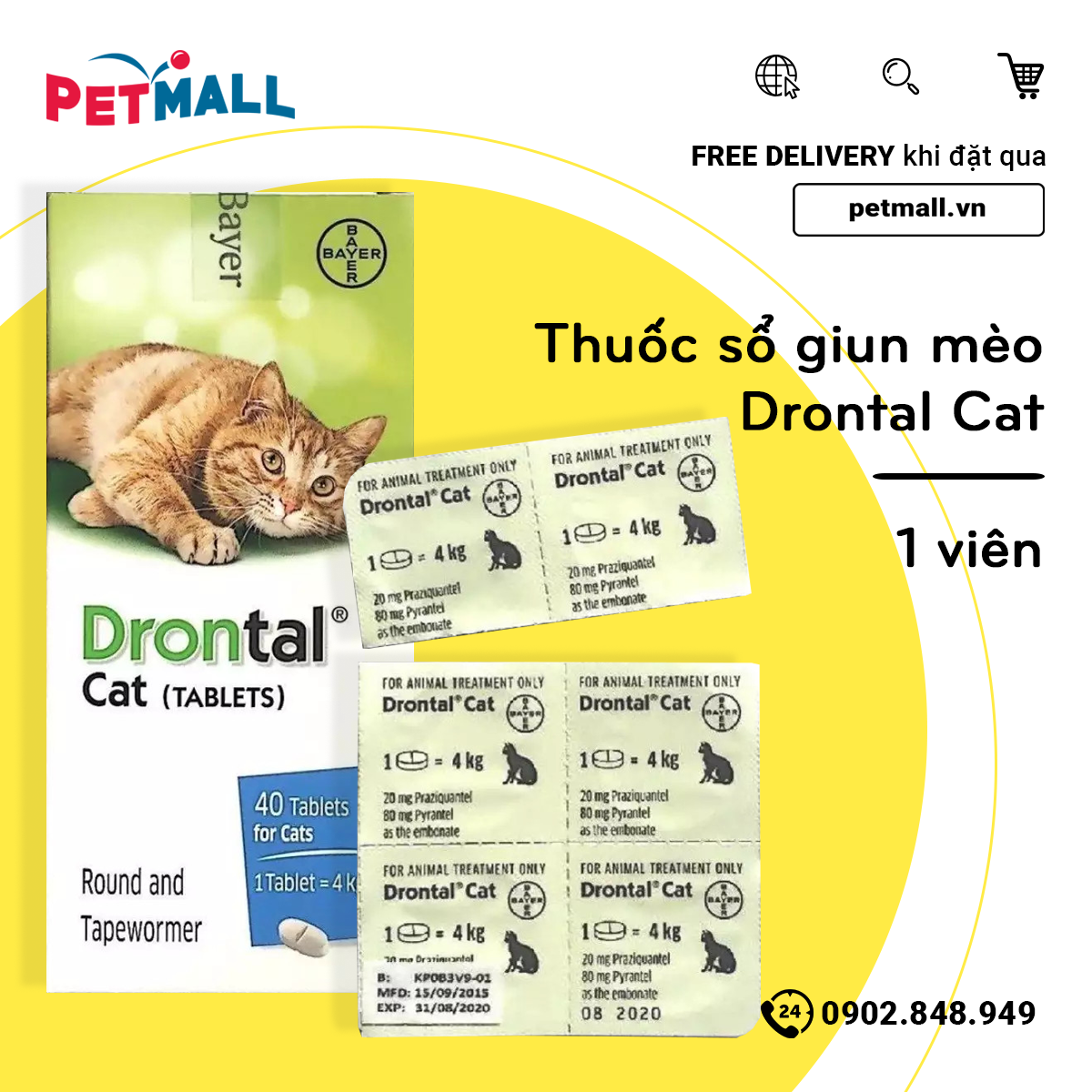 Viên sổ giun cho mèo Bayer Drontal Allwormer for Cats - 1 viên Petmall