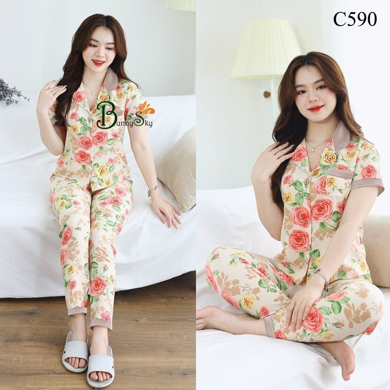 (BunnySky) Đồ bộ mặc nhà, quần áo nữ mẫu pizama lụa, chất lụa mềm mịn nhiều mầu để lựa chọn