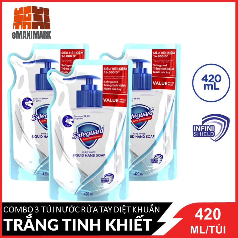 [HCM]Combo 3 túi Nước rửa tay diệt khuẩn Safeguard Trắng tinh khiết túi 420ml X3