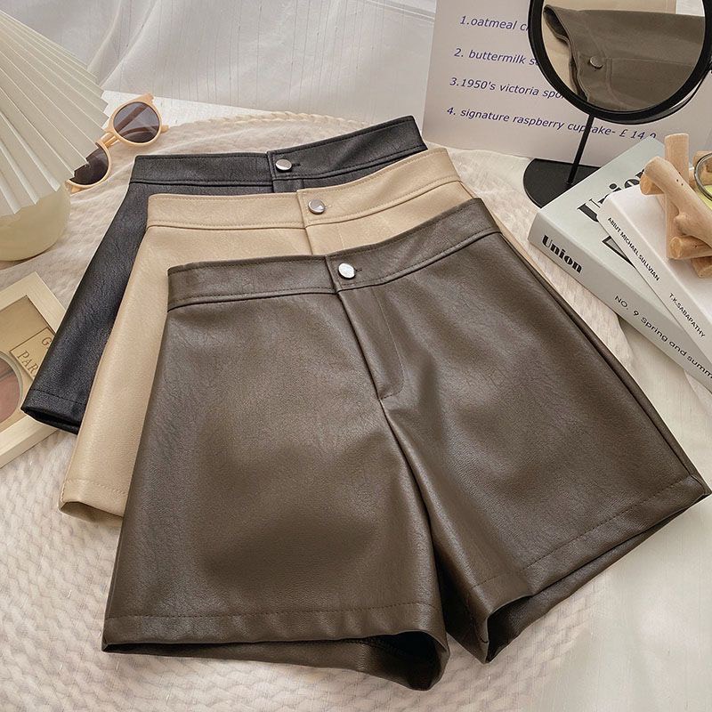 Quần short da, quần soóc rộng ngoại cỡ cạp cao, quần đùi da xẻ v cạp cao màu đen 3 size s m l