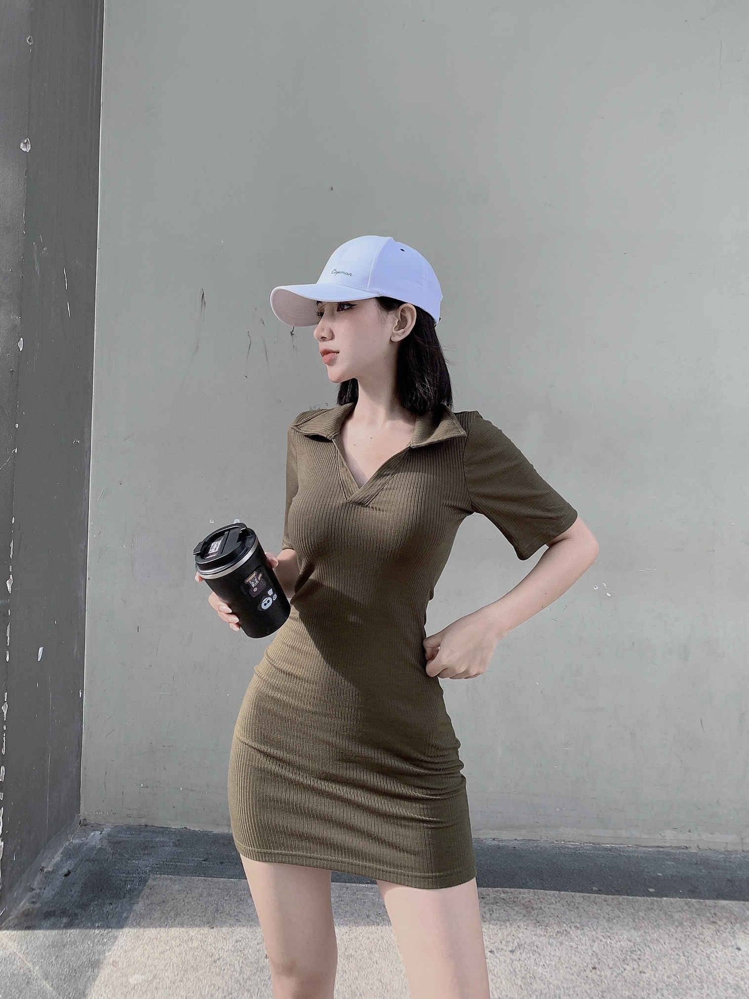 Đầm Body con Basic cổ bẻ tay ngắn chất Gân