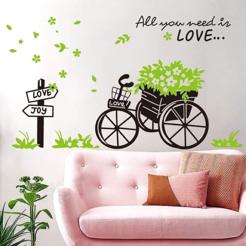 decal dán tường tán hoa tigon và xe đạp xanh